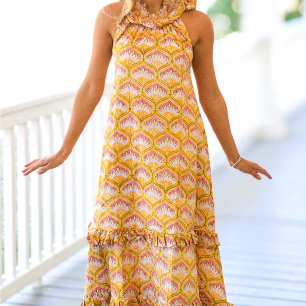Vibrant Yellow and Orange Halter Maxi Sundress